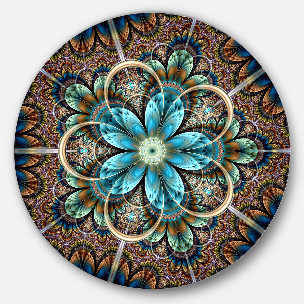 Designart - Large Brown Blue Fractal Flower' Floral Metal Circle Wall Art